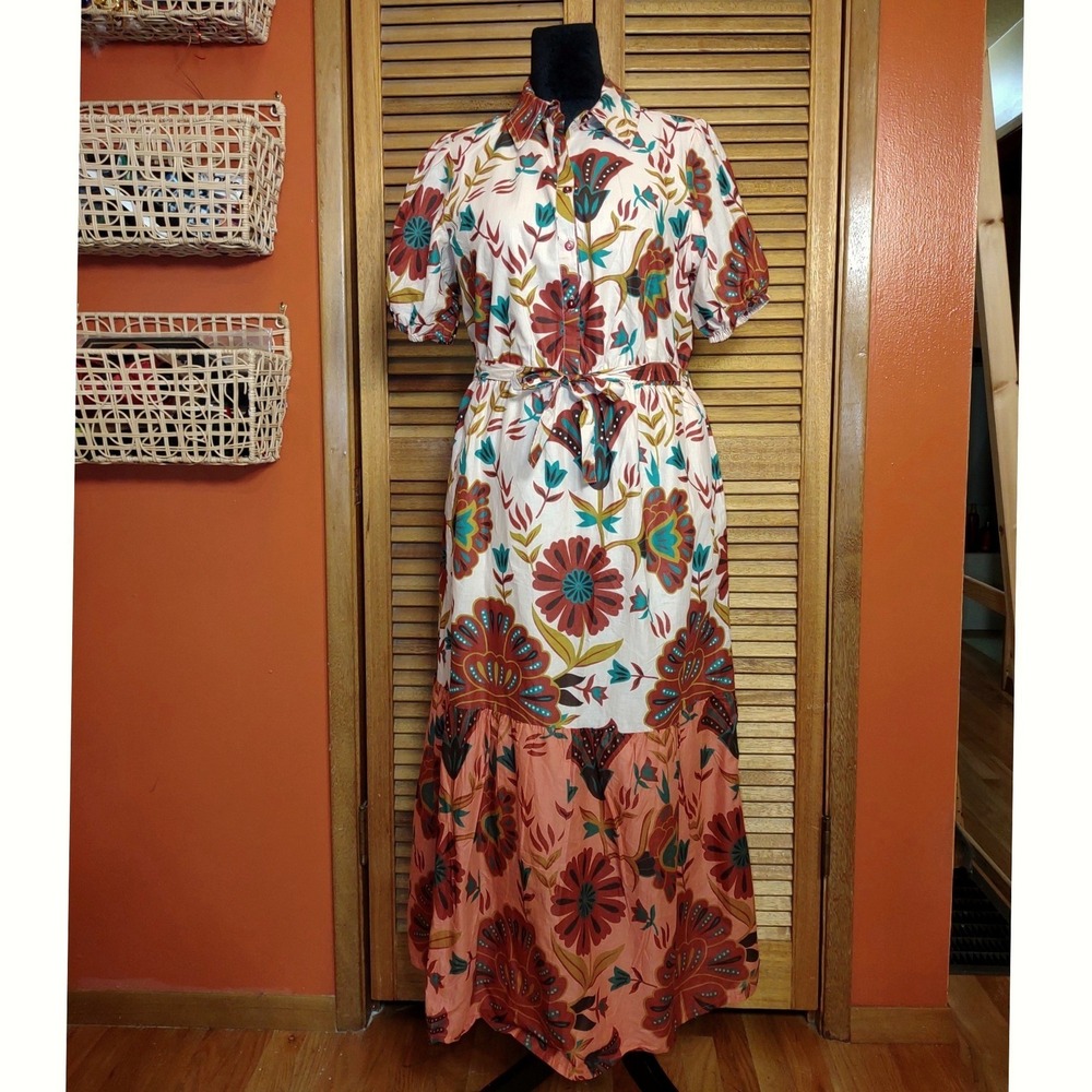 100% Cotton Shirt Maxi Dress Womens L Brown Floral New Elastic Waist Puff Sleeve